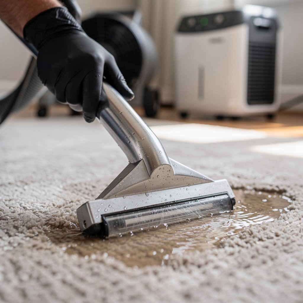 Chris' Cleaning & Flood Restoration expert performing post-flood cleaning and structural damage repair in a San Diego home