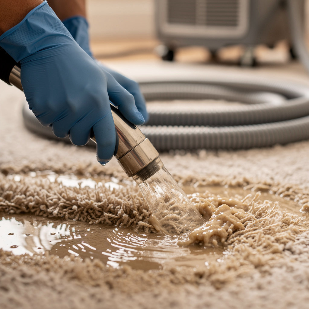 Chris' Cleaning & Flood Restoration expert performing water extraction and assessment during the flood restoration process in San Diego