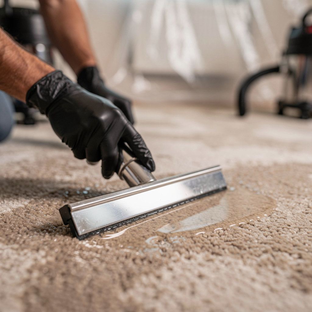 Chris' Cleaning & Flood Restoration expert technician performing water extraction and damage assessment in a San Diego home